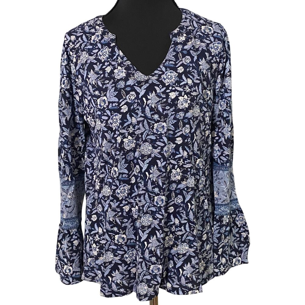 Lucky Brand Blue Floral Split Neck Boho Cotton Modal Top Small Bell Cuff